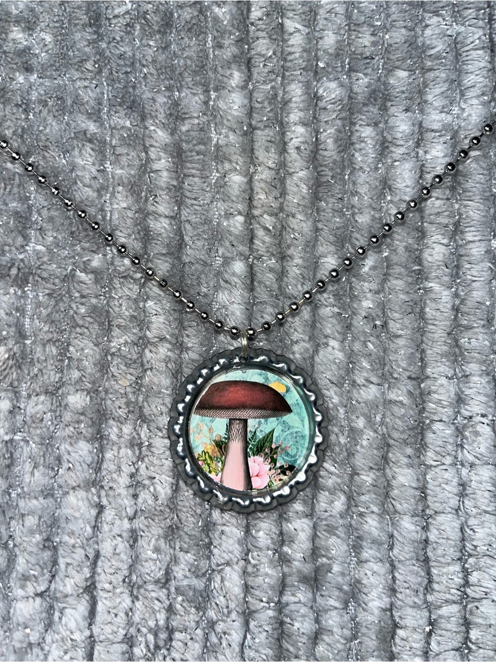 Mushroom Bottle Cap Pendant Necklace — Pastel Botanical Art